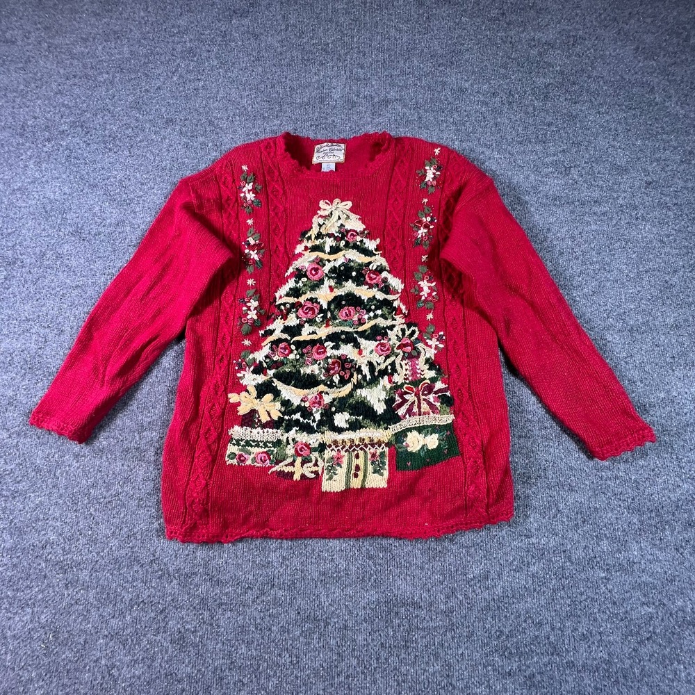 Heirloom Collectibles Red Christmas Tree Sweater Womens PL Large Ramie Cotton